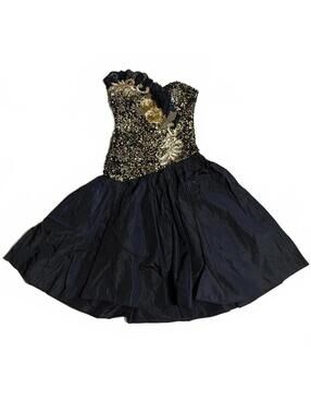 80's Vintage Party Cocktail Dress Loralie Black & Gold Sequin and Taffeta Size 6